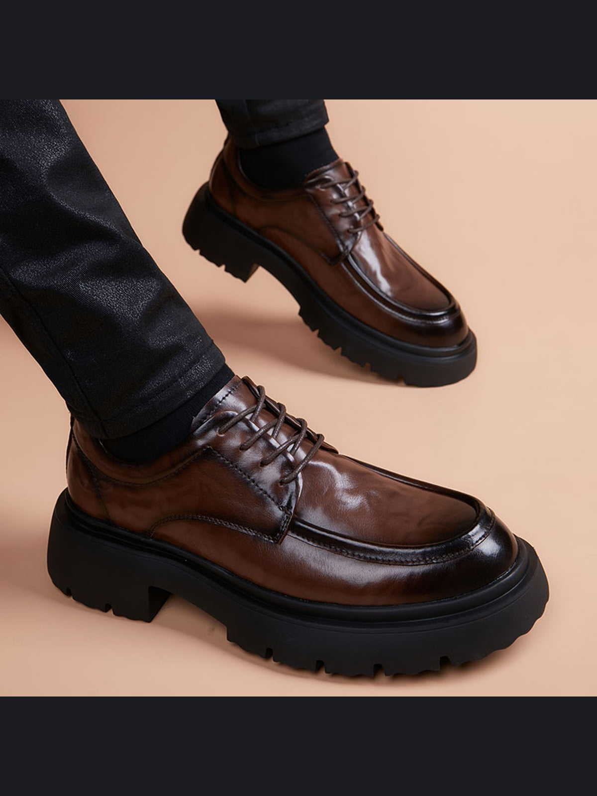 Brown handcrafted genuine leather shoes - color image