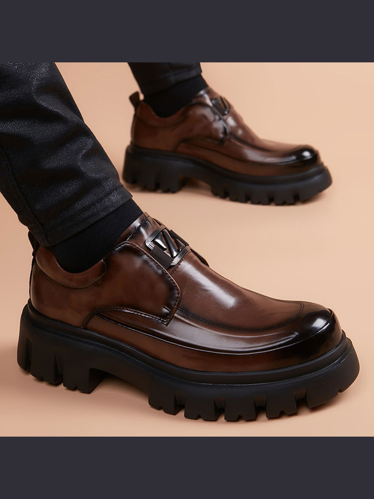 Brown handcrafted genuine leather shoes - color image