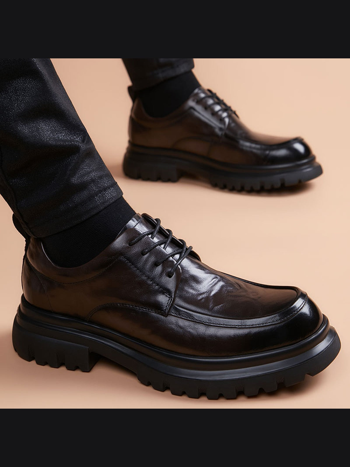 Brown handcrafted genuine leather shoes - color image