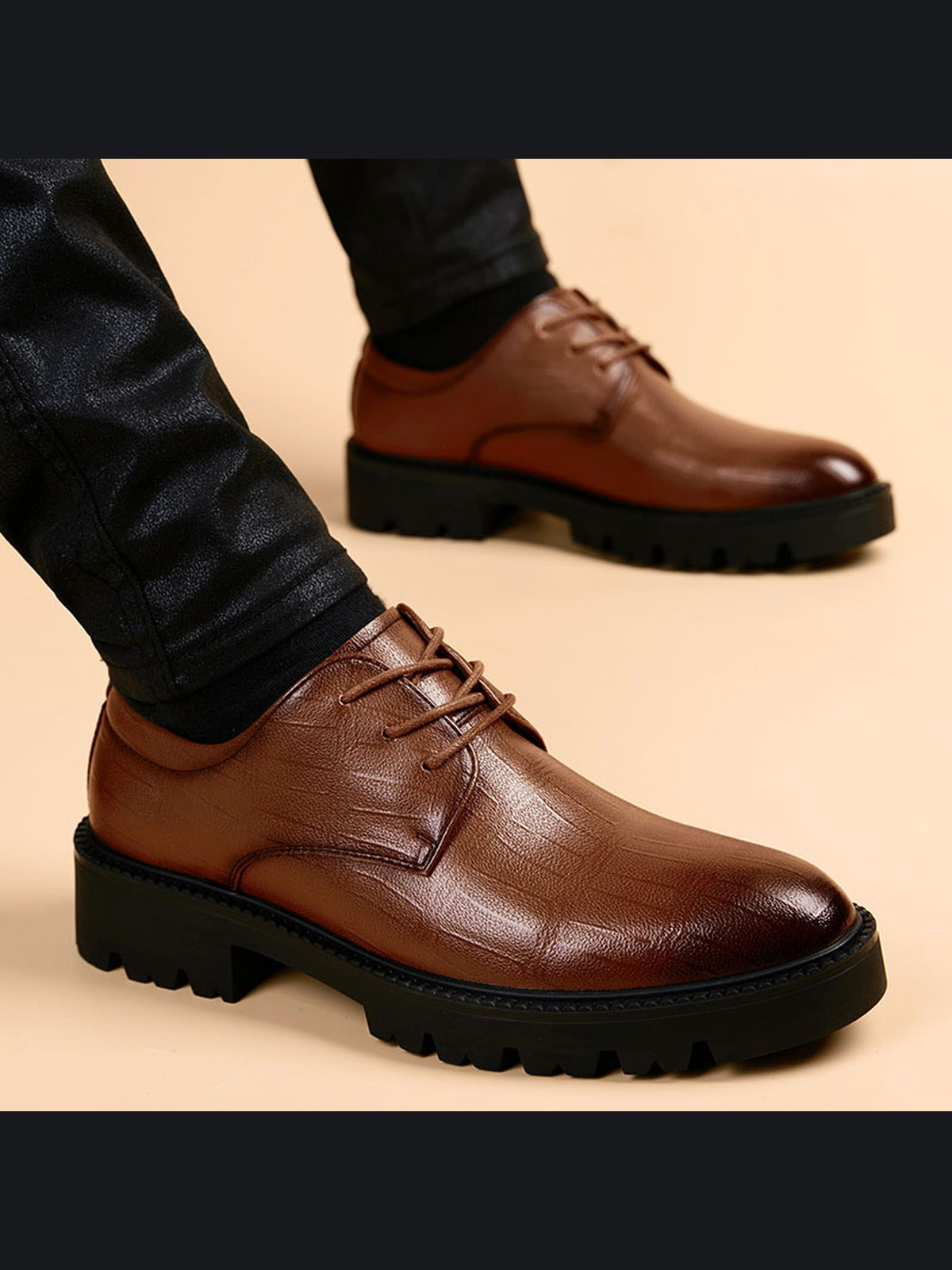Brown handcrafted genuine leather shoes - color image