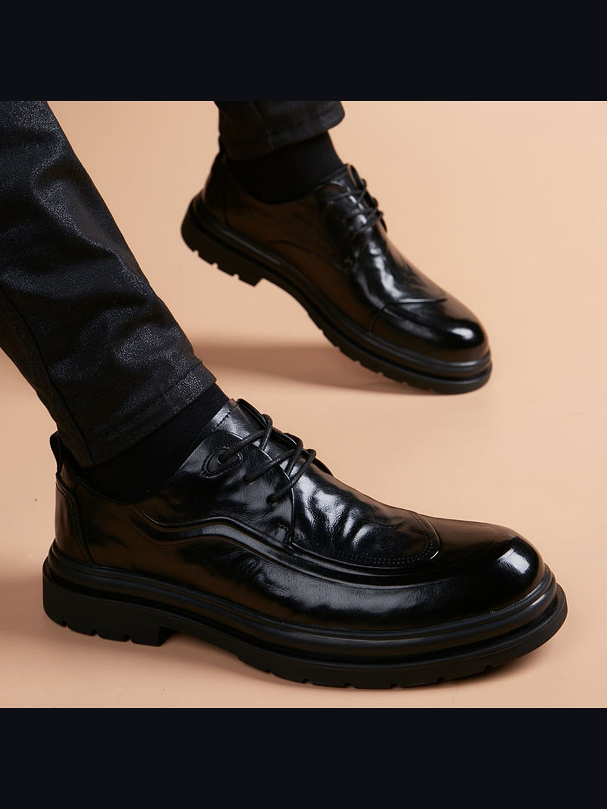 Black handcrafted genuine leather shoes - color image