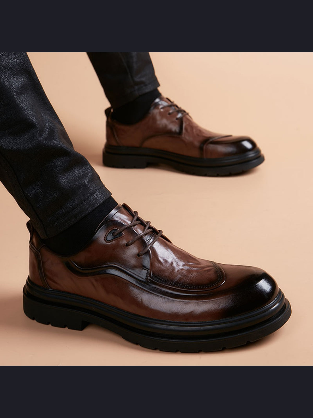 Brown handcrafted genuine leather shoes - color image