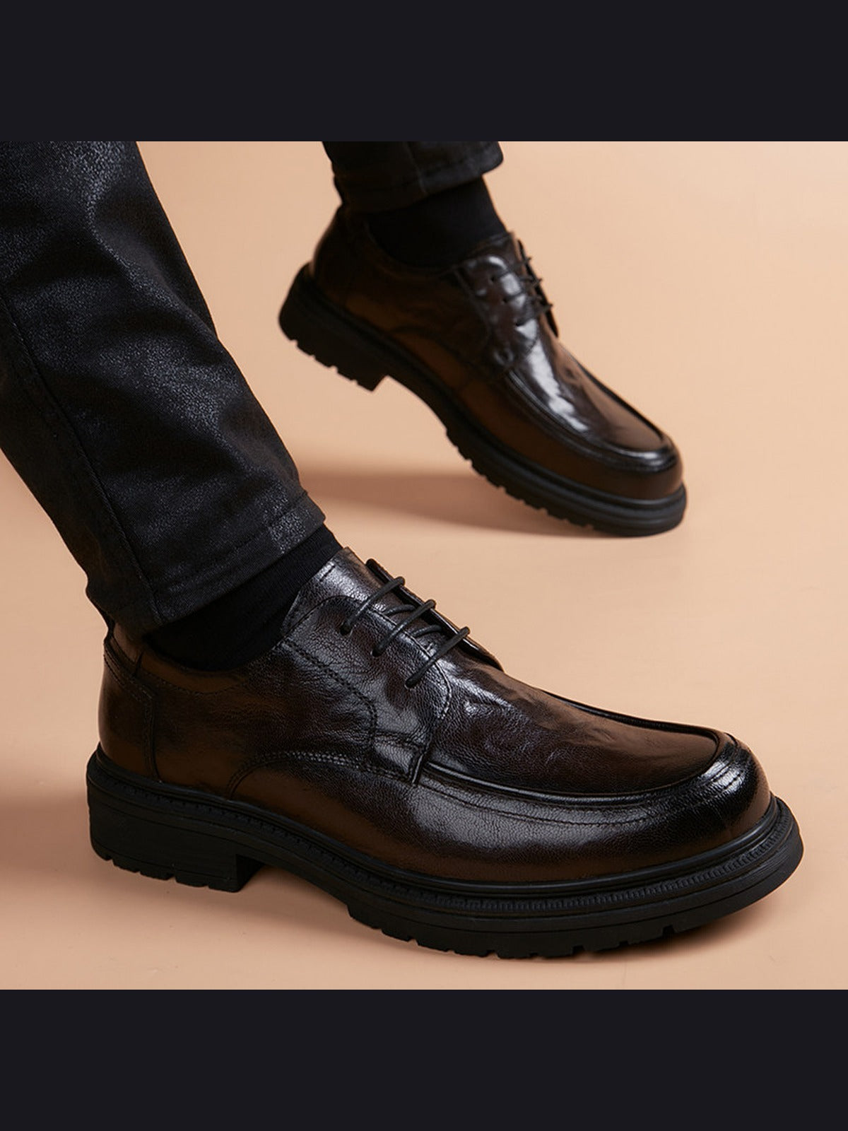 Brown handcrafted genuine leather shoes - color image