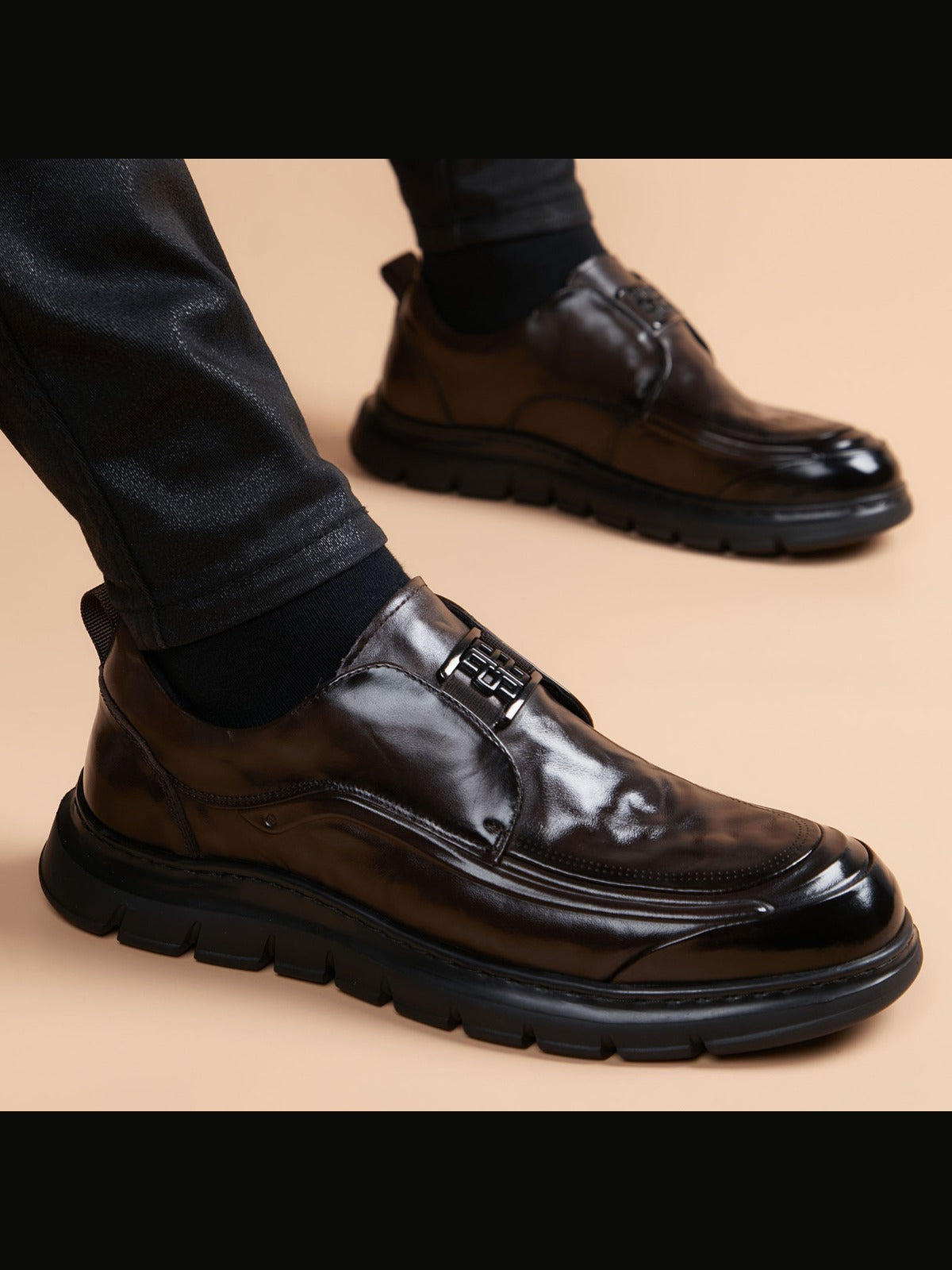 Brown handcrafted genuine leather shoes - color image